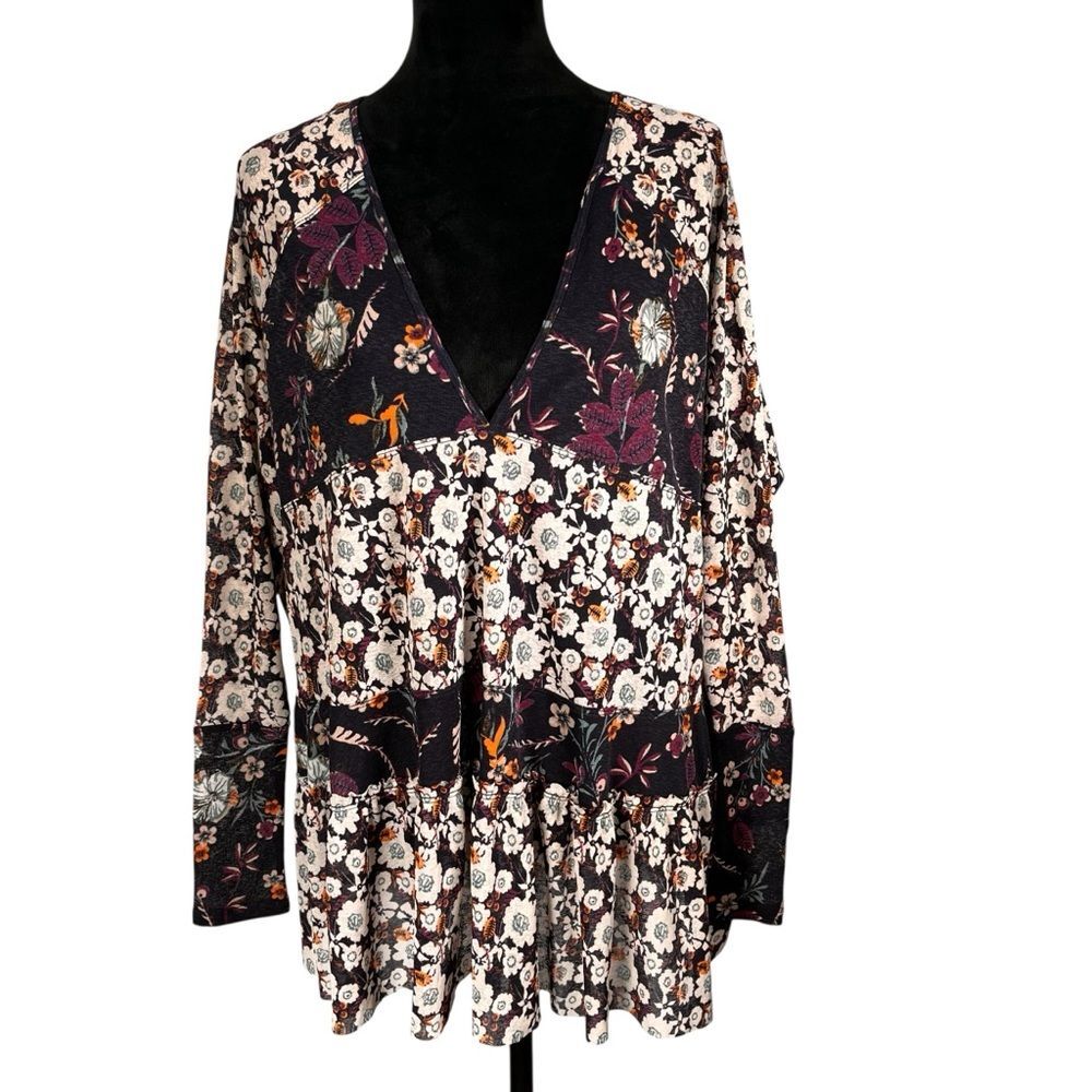 Free People Floral Top Peplum Cottagecore V-Neck Long Sleeve Boho Black Mesh XS